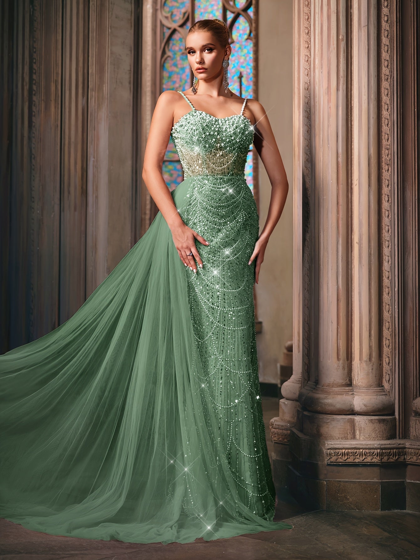 QOQ Elegant Women's Sequin & Beaded Mermaid Gown - Long Sleeveless Formal Dress with Thin Straps, Floor-Length Solid Color Evening Wedding Party Dress for Summer